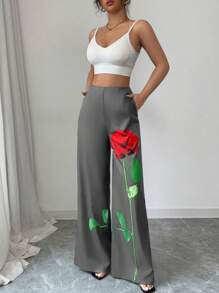 Chiquease Elegant Romantic Flower & Rose Print Wide-Leg Casual Pants, Suitable For Commuting - Grey - View 6
