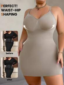 1pc Plus Size Solid Color Camisole Seamless Shaping Slip Dress - Mocha Brown - View 5