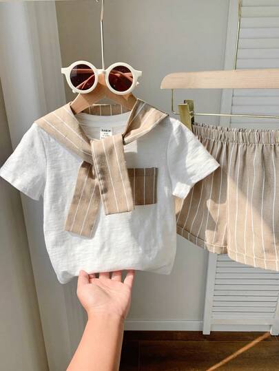 SHEIN LMoss Kids Baby Toddler 3-Piece Set: Striped Short Sleeve Round Neck Top With Chest Pocket Decoration, Elastic Waist Casual Shorts And Shawl