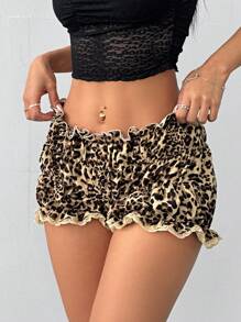 SHEIN EZwear Quần short thường ngày họa tiết da báo cho nữ, phong cách thời trang phù hợp cho mùa hè - Màu Khaki - Xem 4