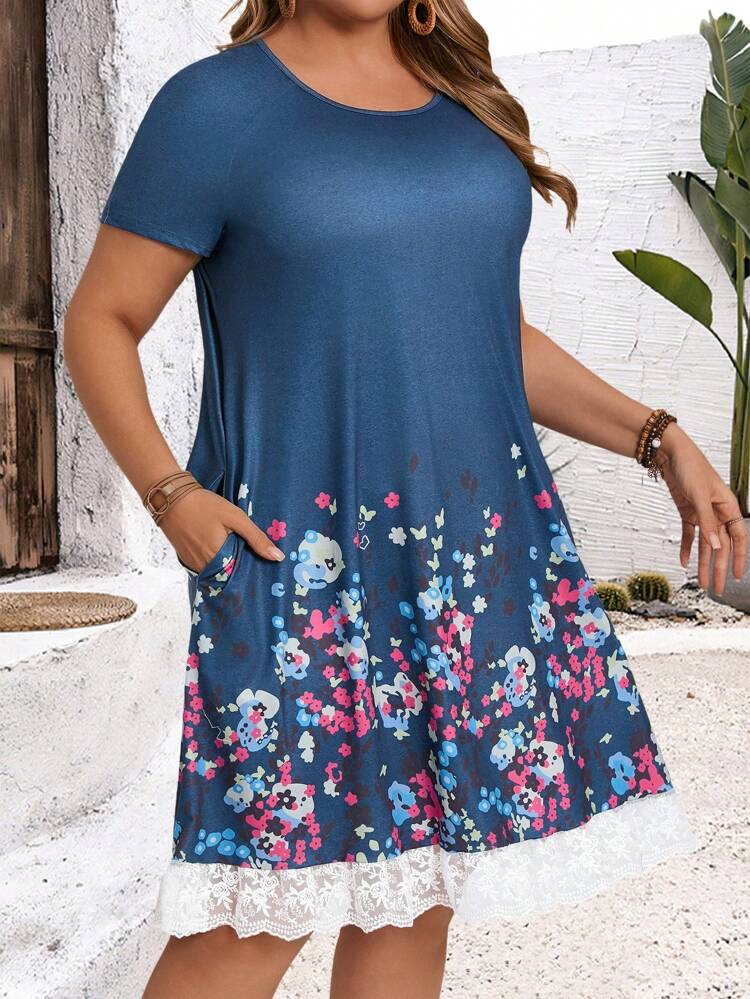 Plus Size Floral Print Contrast Lace Casual Vacation Dress