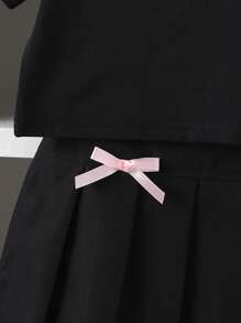 SHEIN 1 套年轻女孩蝴蝶结装饰条纹插肩 T 恤和褶皱迷你裙，适合学校、户外和夏季场合的轻便服装 - 黑色 - 查看 8