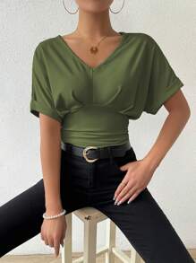 SHEIN Clasi V-Neck Ruched Bodysuit, Minimalist & Fashionable, Suitable For Summer - Army Green - View 6