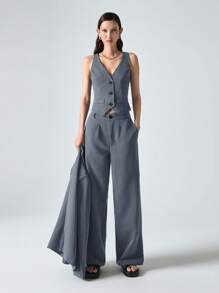 Muchica 深灰蓝色女式编织缺口领长袖西装外套、单排扣背心和裤子套装