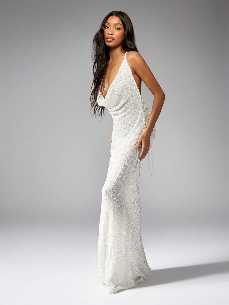 MISSGUIDED Sequin Plunge Neck Halter Evening Gown Draped Front Wedding Reception Dress Special Occasion Floor Length Fishtail Dress Formal Prom Ball Gown - White - View 1