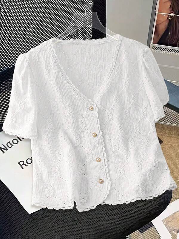 Chiquease Commute Minimalist Solid Color Jacquard Short Sleeve Shirt For Women