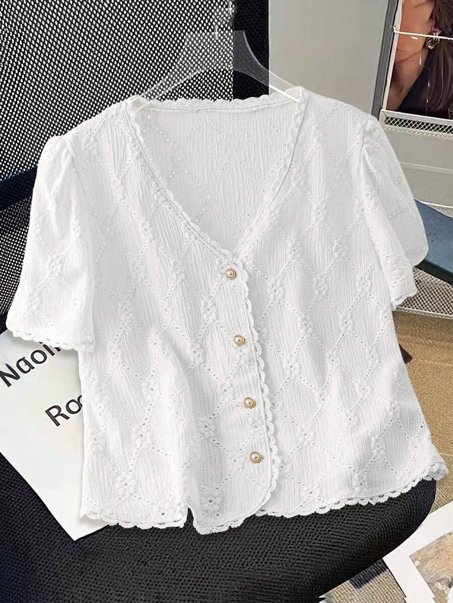 Chiquease Commute Minimalist Solid Color Jacquard Short Sleeve Shirt For Women - White - View 1