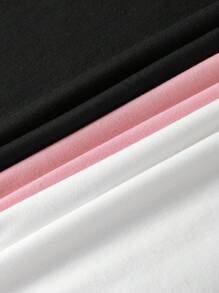 Attitoon 3pcs/Set Streetwear Heart & Star Girls Graphic Print Casual Fitted Crewneck Short Sleeve T-Shirts, Black/White/Pink, Suitable For Summer, Plus Size - Multicolor - View 4