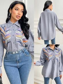 Modelyn Women's Loose Fit Sequin Embroidered Drop Shoulder Arabic Style Top Summer Outfits For Women