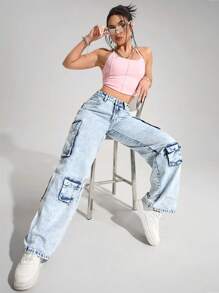 SHEIN EZwear Women's Loose Cargo Pocket Wide Leg Casual Denim Jeans - Light Wash - View 3