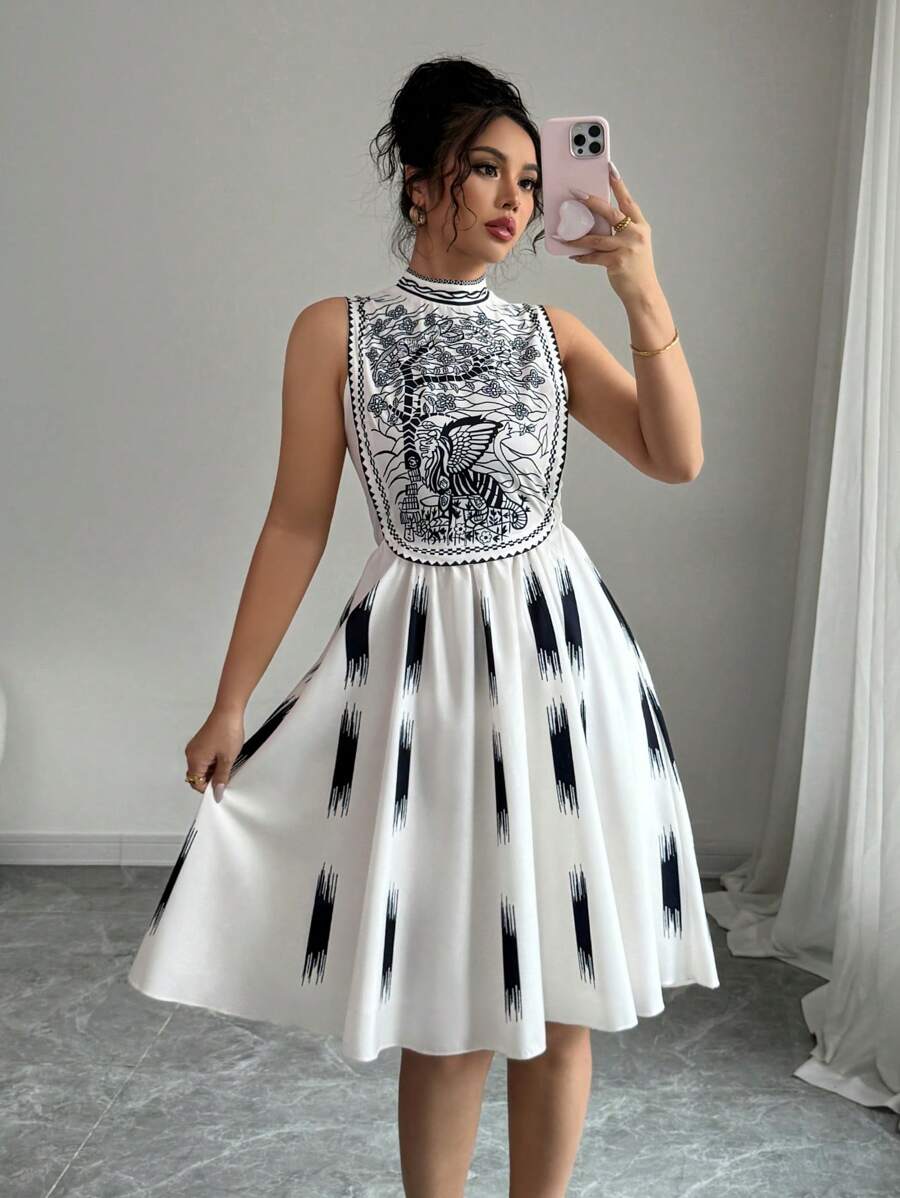 Chiquease 女式春夏波西米亚风印花 A 字形无袖圆领连衣裙 - 杏色 - 查看 1