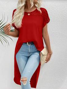 SHEIN LUNE 女士短袖纯色不对称下摆衬衫，简约时尚，适合夏季 - 紅色 - 查看 5