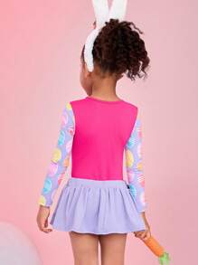 SHEIN Ensemble de 2 pièces pour jeunes filles: body à manches longues avec impression de lettres mignonnes et jupe assortie, motif d'œufs de Pâques peints en couleurs multiples, stretch 4 sens, conception décontractée confortable