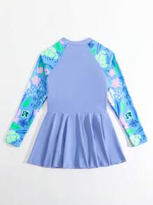 SHEIN Tween 女童热带植物印花连体长袖泳衣，休闲度假装 - 淺藍色 - 查看 3