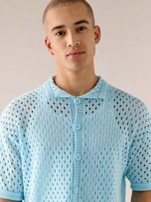 Manfinity VCAY Men's Standard Size Casual Sky Blue Crochet Hollow-Out Loose Shorts Suit, For Fall Winter - Mint Blue - View 4