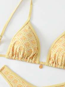 Swim Mod Springbreak Women Summer Floral Print Spaghetti Strap Top And High Cut Bikini Bottoms Beach Outfit - Yellow - View 4