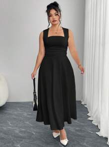 Modelyn Vestido largo de talla grande para mujer con dobladillo plisado lateral, unicolor