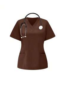 SHEIN TaskFit Uniform Set Short Sleeve V-Neck Top And Pants Scrub Set - Brown - View 3