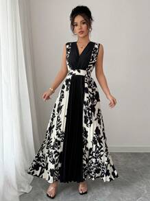 Chiquease Elegant V-Neck Sleeveless Color Block Midi Dress