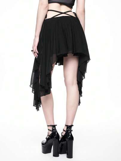 Goth Jupe de vacances sexy à taille basse, asymétrique et multicouche, en dentelle de maille noire de style gothique baroque pour femmes