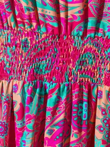 Rusticease 女士休閒印花V領夏季假日連衣裙，帶有飄逸袖口，褶皺腰身和褶皺長度 - 彩色 - 查看 3