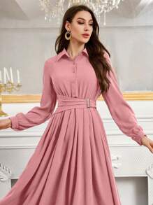 Modelyn Đầm dạ hội dài tay có cổ thắt nút đơn giản phía trước - Hồng - Xem 6