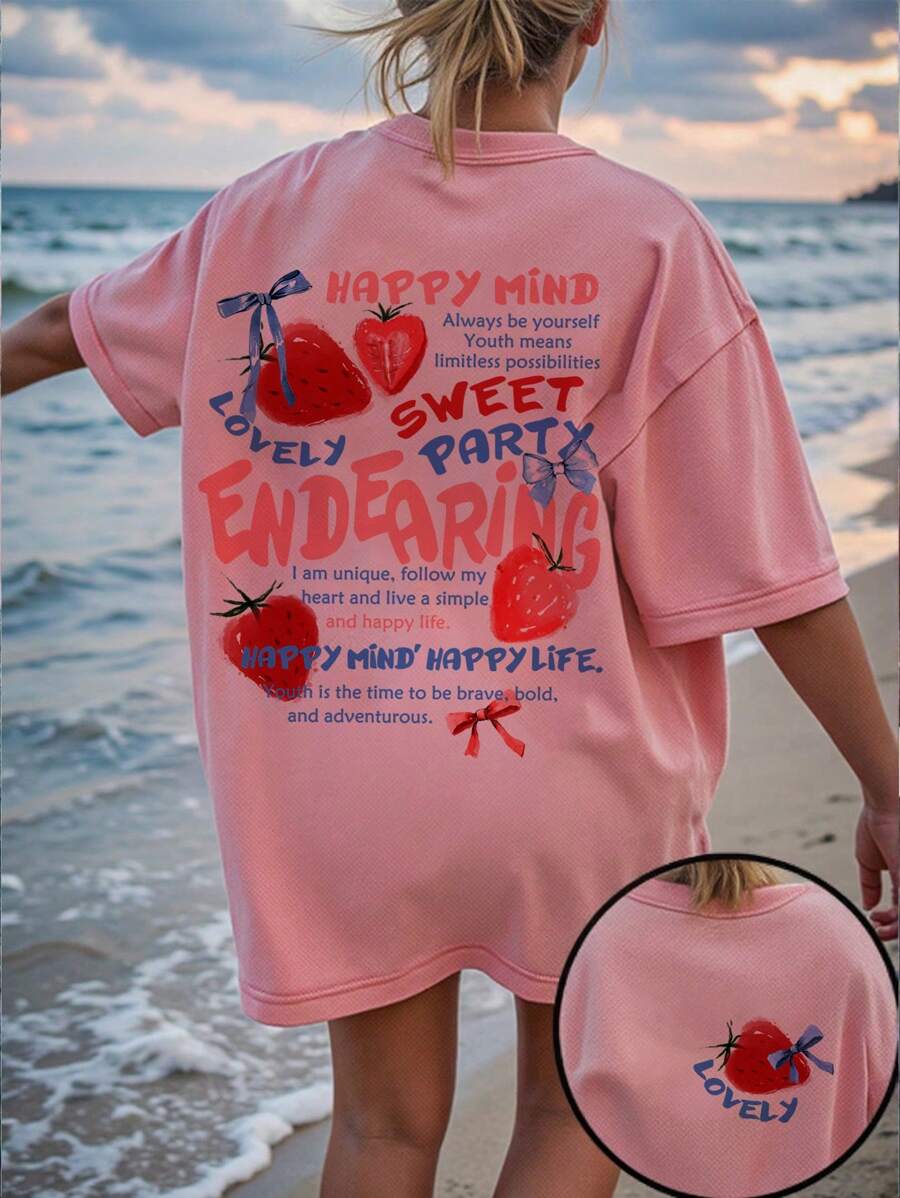 SHEIN EZwear Oversized Casual Strawberry, Slogan, Bow Pattern Round Neck Short Sleeve T-Shirt, Loose Fit For Women Suitable For Going Out - Baby Pink - View 1