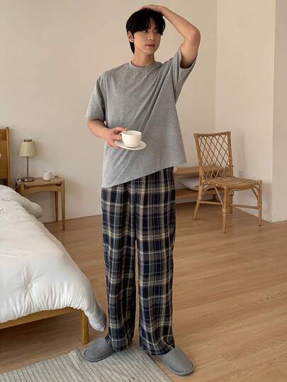 DAZY 男士格子靛蓝色家居服长裤，春夏秋冬睡衣