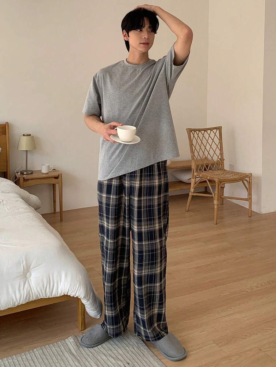 DAZY Men's Plaid Indigo Blue Loungewear Bottoms, Spring & Summer, Fall Pajama, Winter