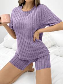 DUSKBASE Women Solid Color Ribbed Loose Fit Round Neck Crop Top & Shorts Sleeve Pajama Set Outfit - Purple - View 6