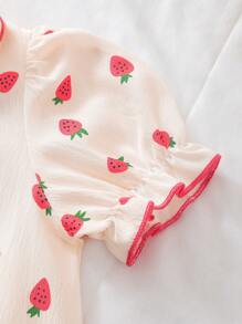 SHEIN 2pcs Strawberry Buttons Girls Pajama Set, Shirt & Shorts, Cute/Vintage/Playful, Casual Basics, Suitable For Any Occasion, Spring/Summer, Loose Short Sleeve Shirt And Shorts Sleepwear Set, Top And Bottom - Multicolor - View 6