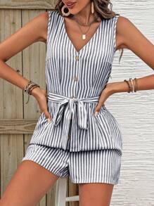 SHEIN LUNE Bộ đồ liền thân không tay cổ chữ V cài nút sọc thường ngày cho nữ - Màu xanh hải quân - Xem 3