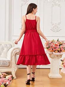 Vestido elegante con volantes y tirantes elegante color rojo, adecuado para fiestas en primavera y verano para adolescentes - Blanco - Ver 2
