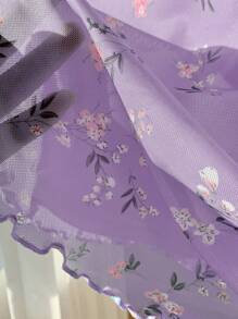 Muchica 夏季外出粉色花卉印花生菜边网纱裙