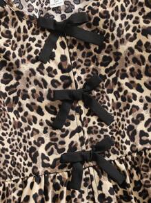 SHEIN Tween Girl Spring/Summer Fashionable Leopard Print Colorblock Bow Trim Ruffle Long Sleeve Casual Blouse, Holiday Wear - Brown - View 6