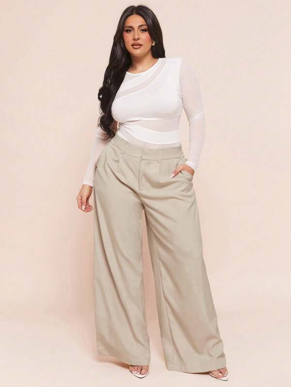 SHEIN BAE Pantalones casuales diarios de unicolor elegantes para mujeres de talla grande, pantalones negros, pantalones de mujer, pantalones para maestras, ropa de negocios para mujeres, ropa de otoño para mujeres, diseño de cintura de doble capa, piernas anchas