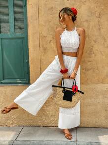 Serisse Women's White Boho Summer Wide Leg Pants,Elegant Burnout Embroidery Fabric Patchwork Casual Pants For Beach Vacation Holiday,Wedding Guest Resort - White - View 3