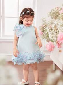Toddler Girls' Cute Elegant Floral Organza Sleeveless Dress, Light Blue - Blue - View 4