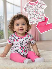 Baby Girls 2pcs Rose Red Cute Rabbit Short Sleeve Leggings Set, Snug Fit Pajamas - Hot Pink - View 1