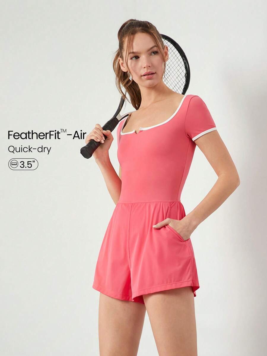 GLOWMODE Vestido activo de 3.5" FeatherFit™-Air Pro, cuello cuadrado, con pantalón corto incorporado, bolsillos laterales, agarre antideslizante, para uso diario, tennis, golf y pickleball, con copas desmontables, de secado rápido y que absorbe la transpiración. - Rosa coral - Ver 1