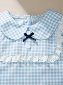 SHEIN Young Girl Cute Summer Set, Plaid Ruffle Collar Puff Sleeve Top & Pleated Skirt, Sweet And Fashionable School Style - Blue - View 8