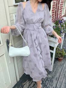 DAZY V-Neck Floral Print Off Shoulder Ruffle Hem Women Midi Dress,Fall Dress Long Sleeve Dress - Purple - View 3