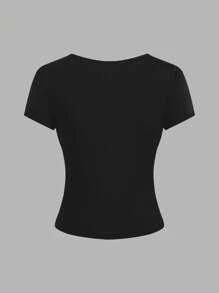 Muchica 3pcs Women Solid Color Short Sleeve Notch Neck Shirred T-Shirt Set - Chocolate Brown - View 12