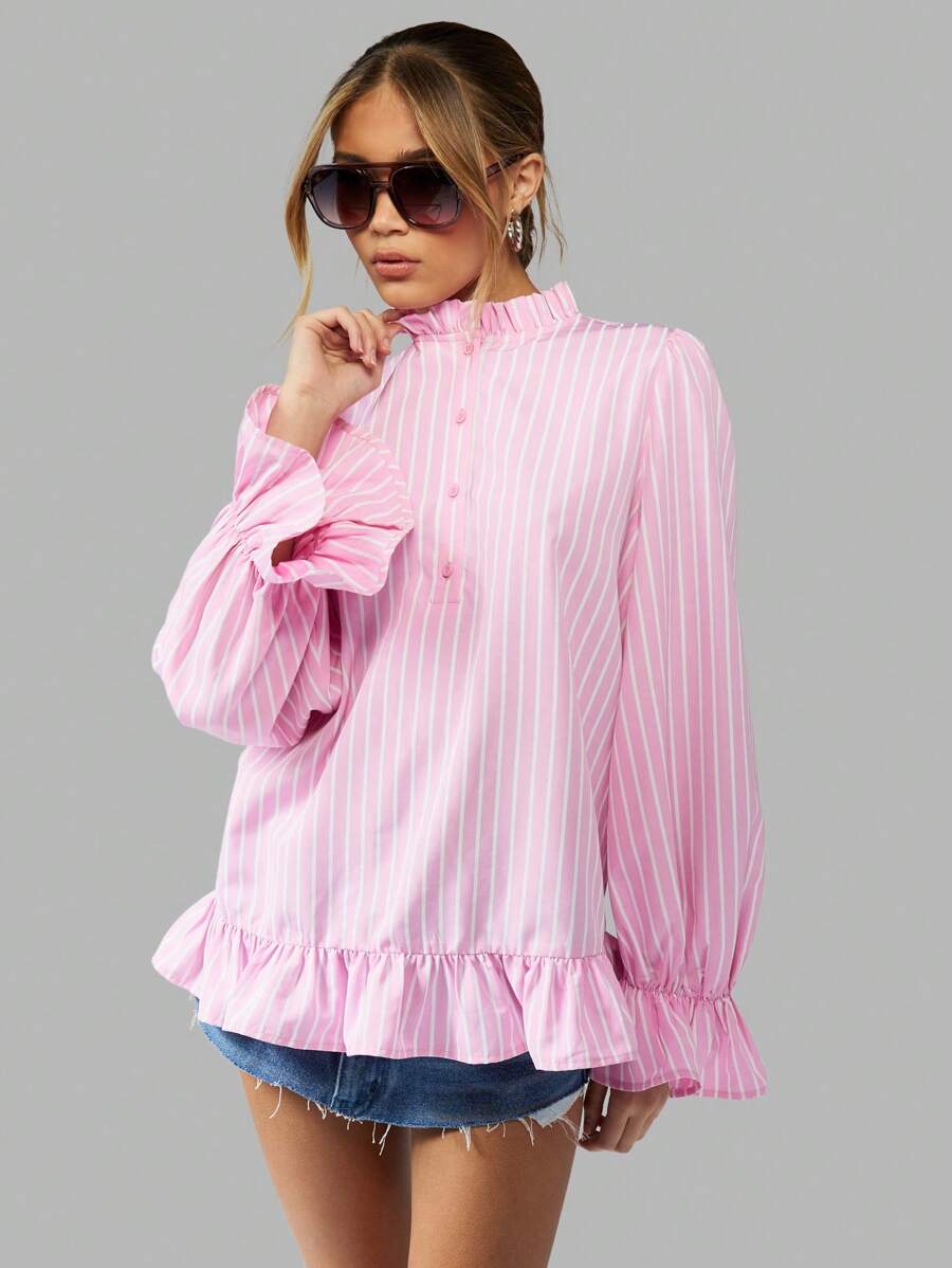 MISSGUIDED Elegant Striped Ruffle Blouse Long Sleeve Button-Up Victorian Style Spring Summer Office Wear Cottage Core Professional Work Top Puff Sleeve Statement Piece - Multicolor - View 1