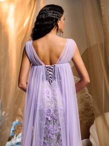 Glamrae 优雅华丽的薰衣草亮片刺绣拼接立体花朵蕾丝宽肩带V领腰部性感高开叉鱼尾飘逸拖尾下摆女士正式晚礼服、派对礼服、长袍、晚会礼服、婚礼宾客礼服 - 紫色 - 查看 6