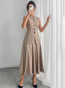 Modelyn Conjunto de 2 piezas para mujer compuesto por una chaqueta de cuello redondo sin mangas de unicolor y una falda plisada midi