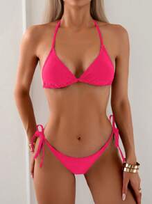 SHEIN Swim Bộ Bikini Màu Trơn Cho Nữ, Đi Nghỉ Ở Bãi Biển - Hồng - Xem 1