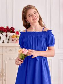 Girls' Elegant Woven Off-Shoulder Ruffle Hem Casual Dress, Spring/Summer - Blue - View 3