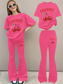 SHEIN Leap Crew 2pcs Tween Girls Casual Minimalist Round Neck Short Sleeve Top And Pants Set, Summer - Hot Pink - View 4