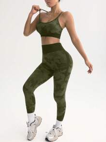 Gameset SHEIN Sport Women's Pattern Back Crossover Tank Top And Leggings Sportswear Set - Army Green - View 6